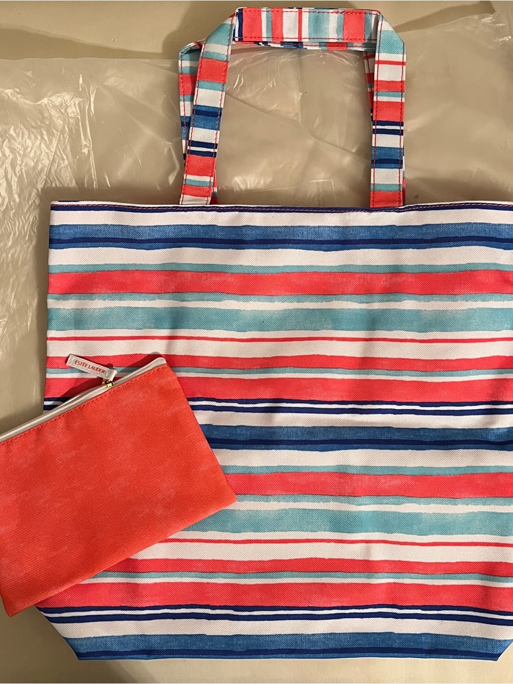 Estee Lauder Coral, Aqua & Navy Striped Canvas Tote with Coral Pouch NWT